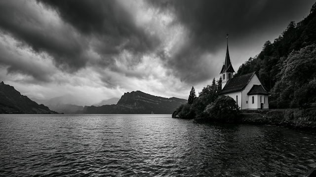 Dramatic Black and White Landscape of Alpine Church by Lake Lucerne