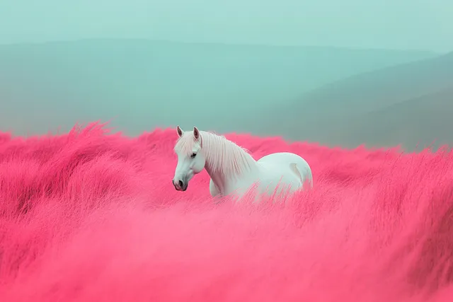 Dreamy Pastel Landscape: A White Horse in a Pink Field