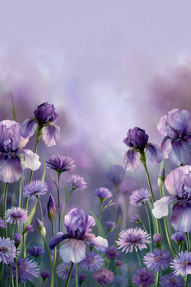 Dreamy Watercolor Floral Scene with Violet Irises and Lilac Asters
