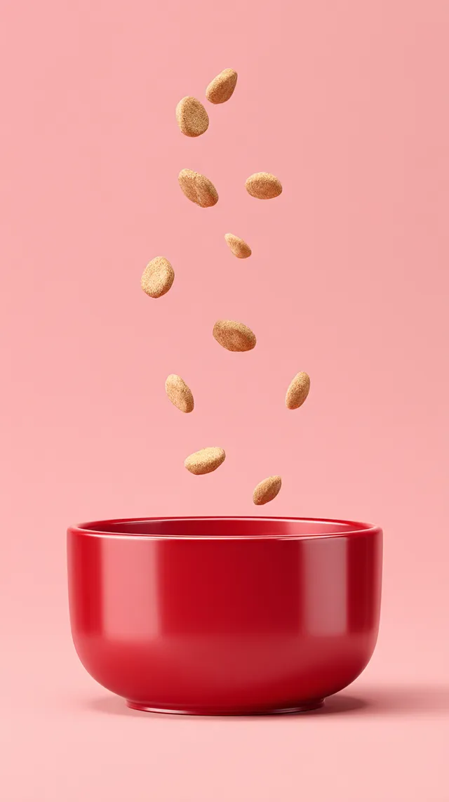 Dynamic Dry Dog Food Pouring into a Glossy Red Bowl
