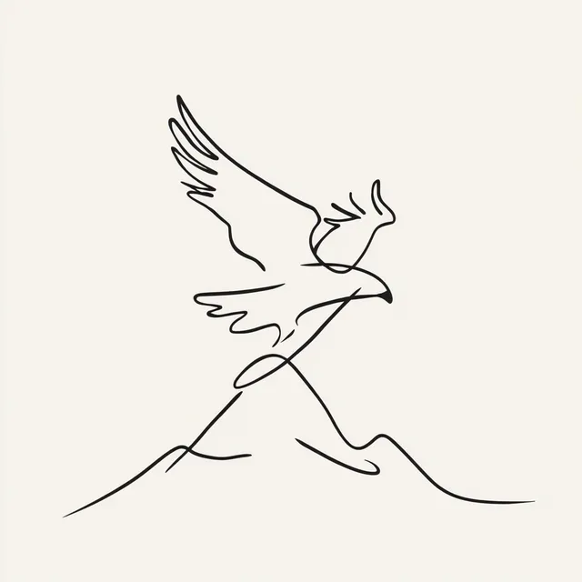 Eagle in Flight Over Mountains - Minimalist Line Art