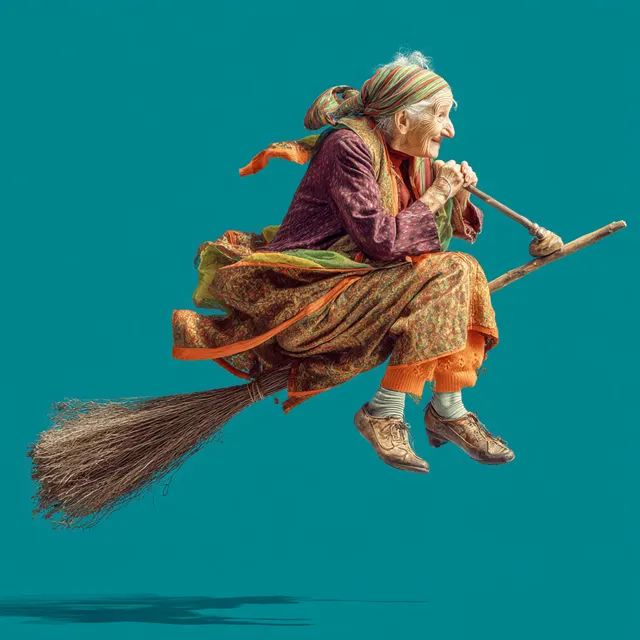Elderly Russian Grandmother Flying on a Broomstick