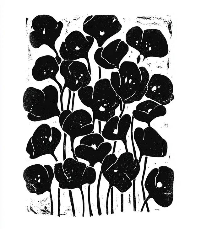 Elegant Black Flowers Linocut Art