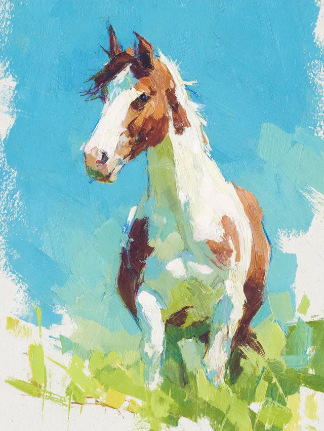 Elegant Brown and White Horse on Vibrant Background