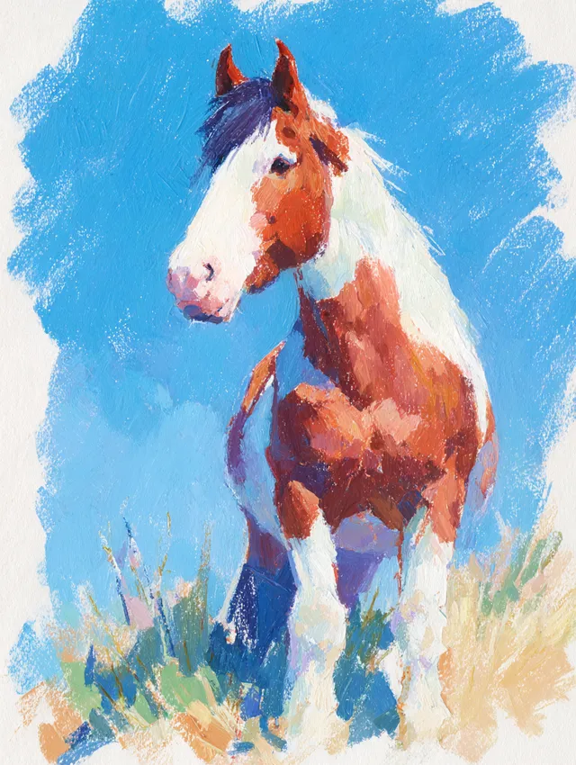 Elegant Brown and White Horse on Vibrant Blue Background
