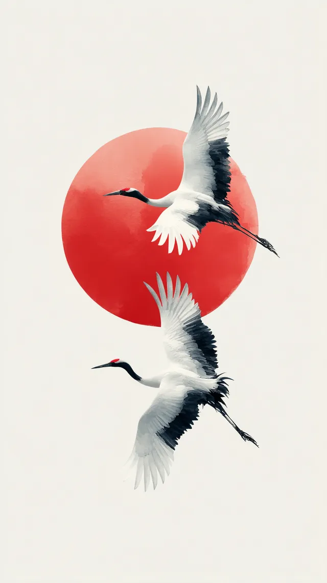 Elegant Cranes Against Red Sun in Minimalist Japanese Style