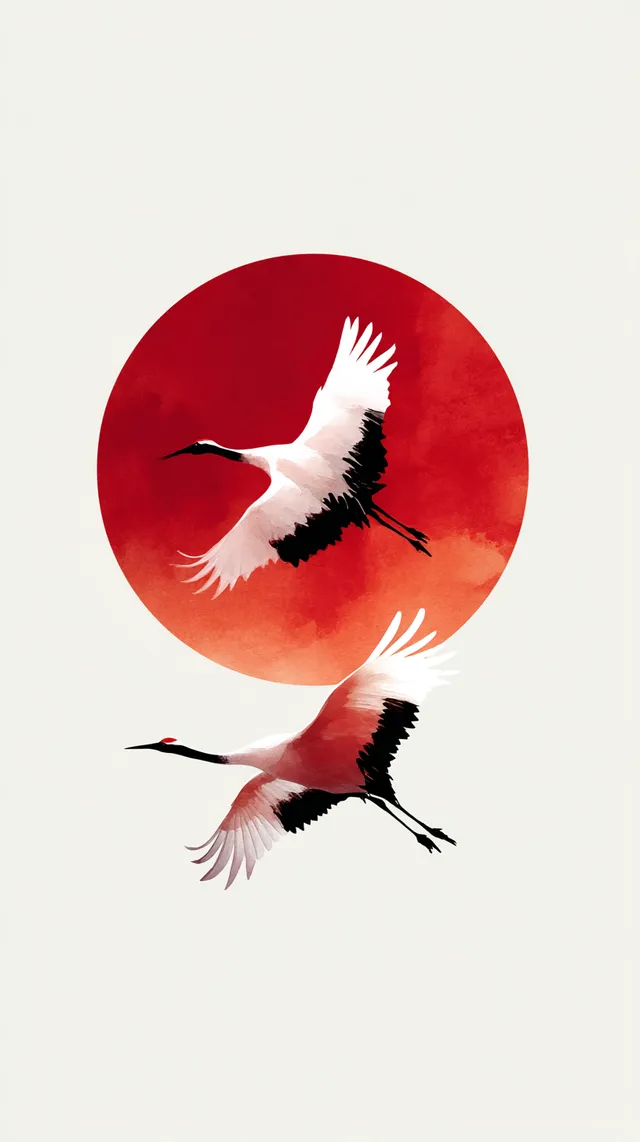 Elegant Cranes in Front of the Red Hinomaru Sun