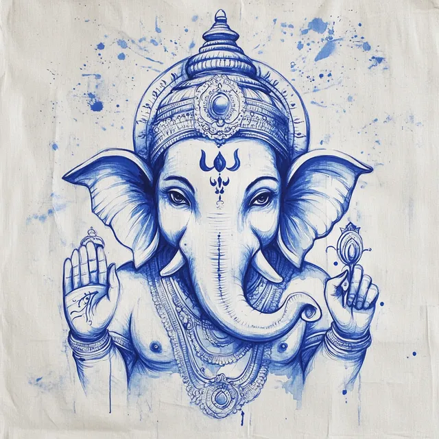 Elegant Hand-Painted Ganesha Art in Blue Ink