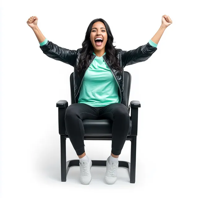 Elegant Mexican woman in mint jersey cheers in stadium chair, front view