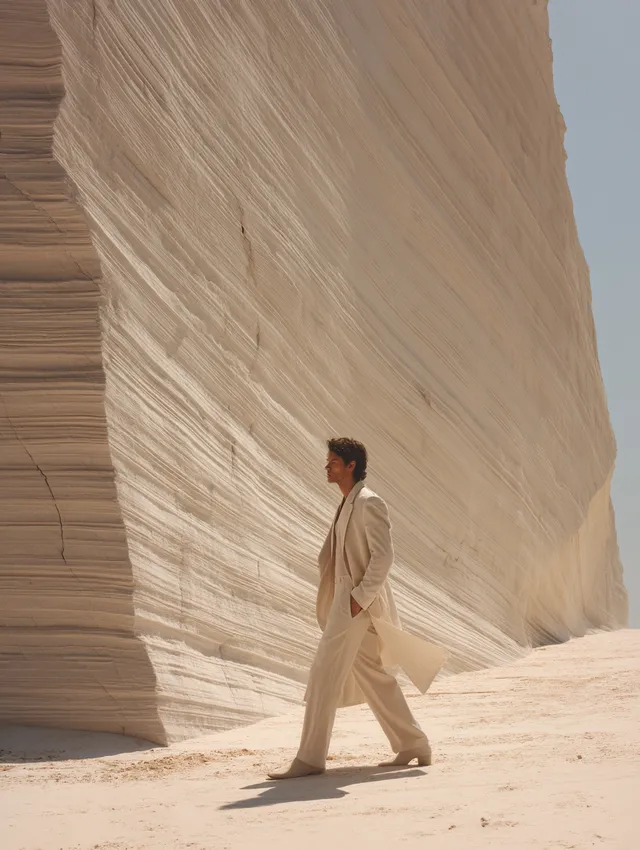 Elegant Model in Ivory Suit Against Textured Greenshist Wall