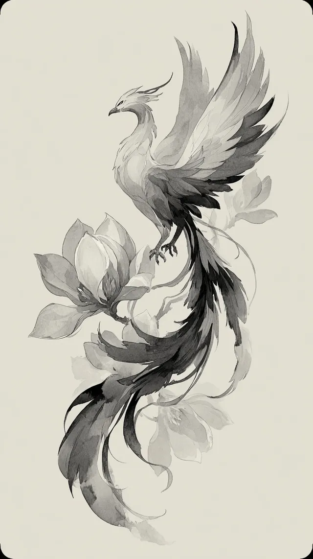 Elegant Phoenix and Magnolia Tattoo Design in Black and White