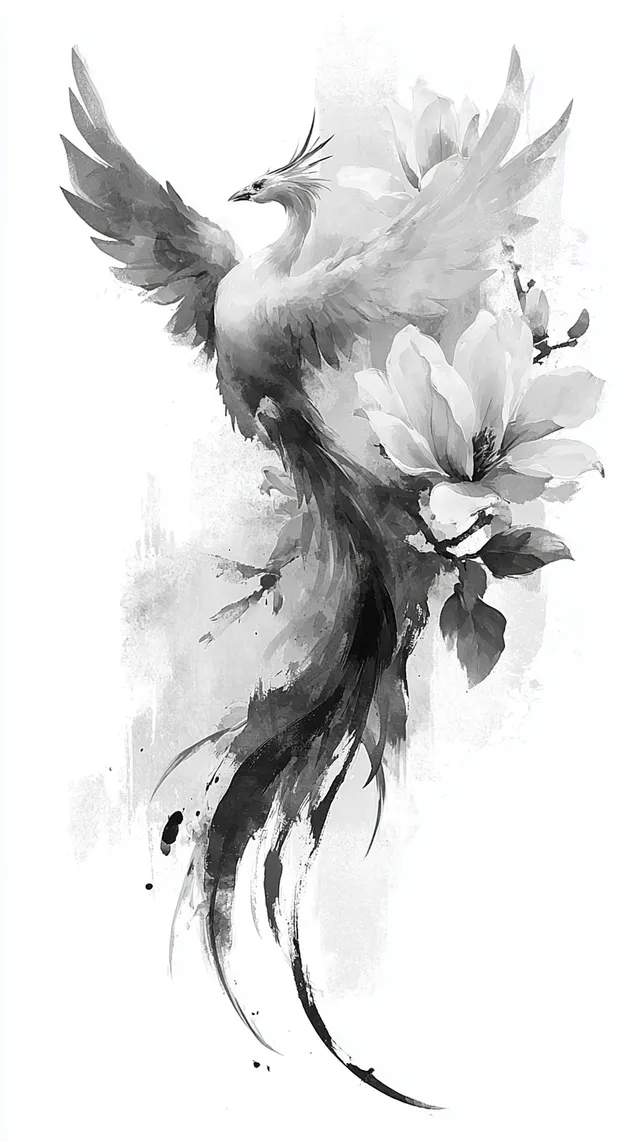 Elegant Phoenix Rising: Black and White Sumi-e Tattoo Design