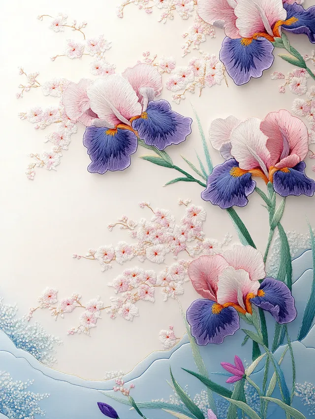 Elegant Spring Irises Embroidery Art