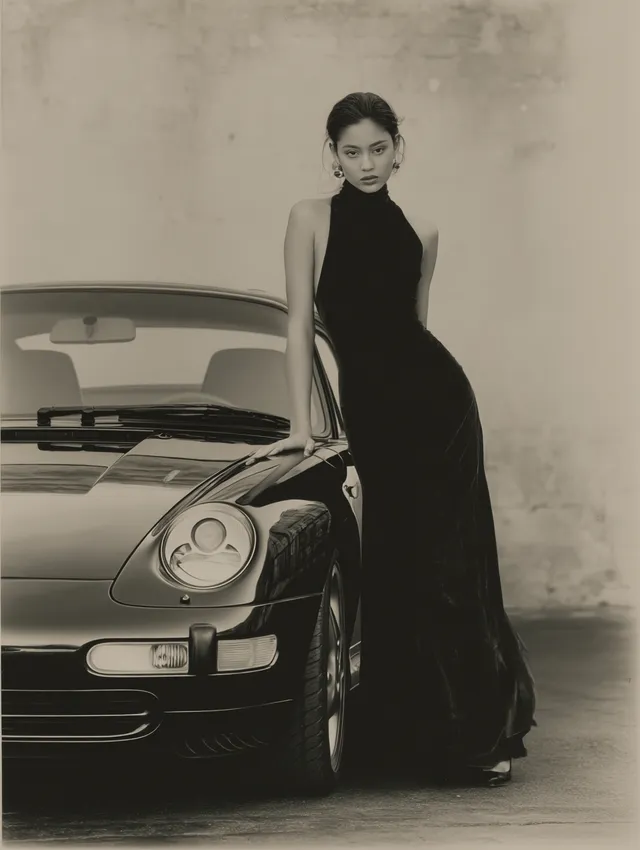 Elegant Woman in Black Dress Leaning Against Porsche 911