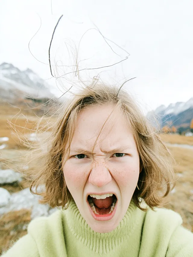 Emotional Woman in Mountains