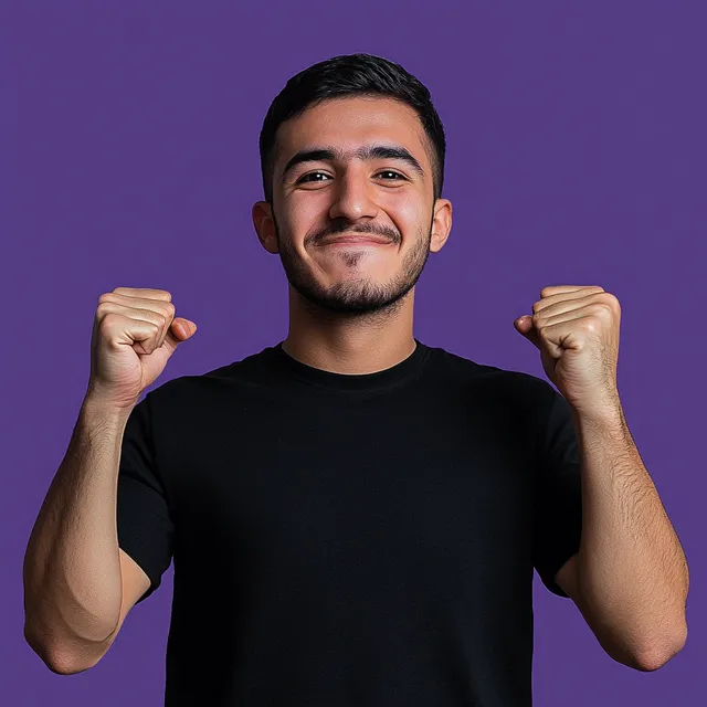 Excited 25-Year-Old Arab Man with Fists Raised Against Purple Background