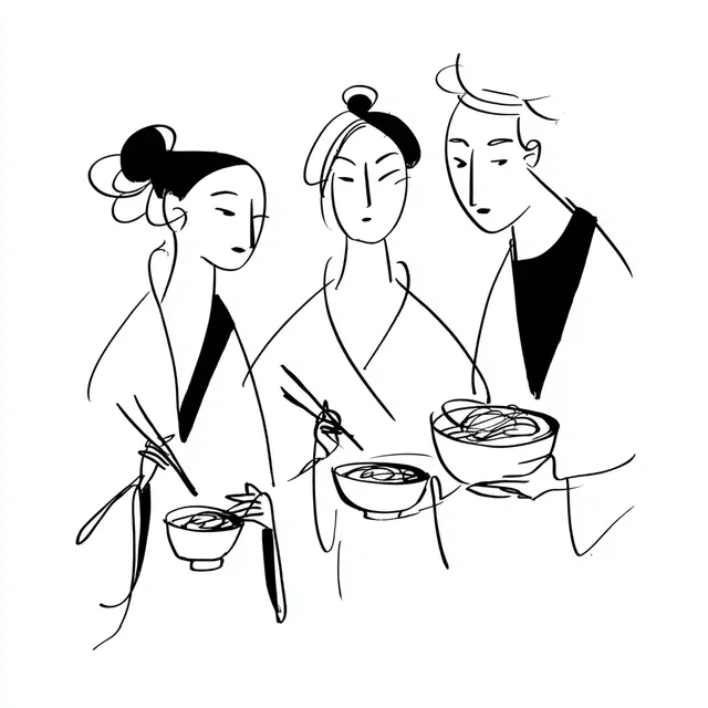 Exploring Culinary Delights: Minimalist Line Drawing of Food Enthusiasts