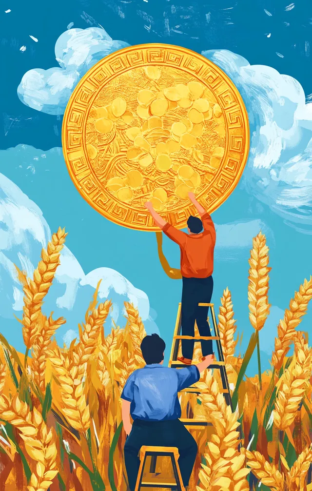 Farmers Painting a Golden Coin in Wheat Fields