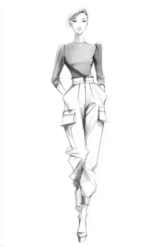 Fashion Design Sketch of Stylish Women's Outfit