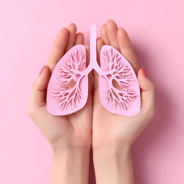 Female Hands Holding Paper Lungs on Pink Background