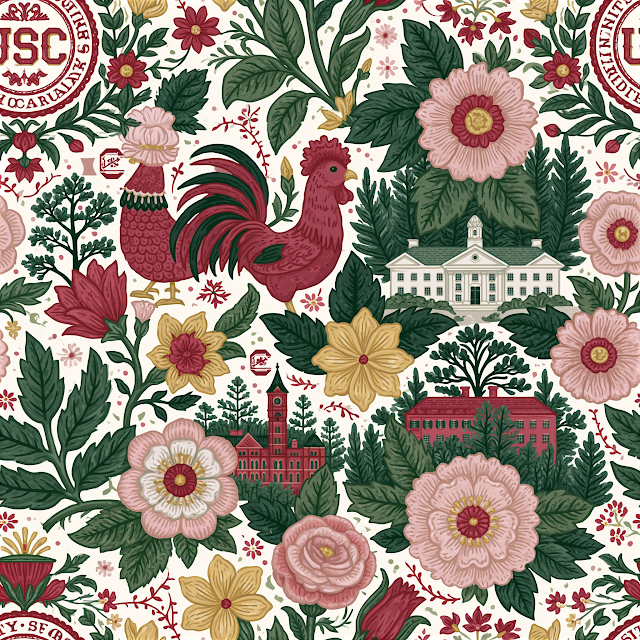 Feminine Boho Print of USC Gamecock Mascot in Garnet Red and Black