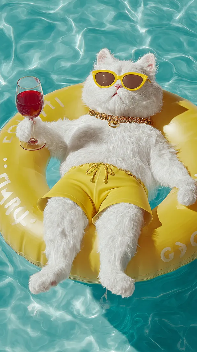 Fluffy Cat Relaxing on a Pool Float