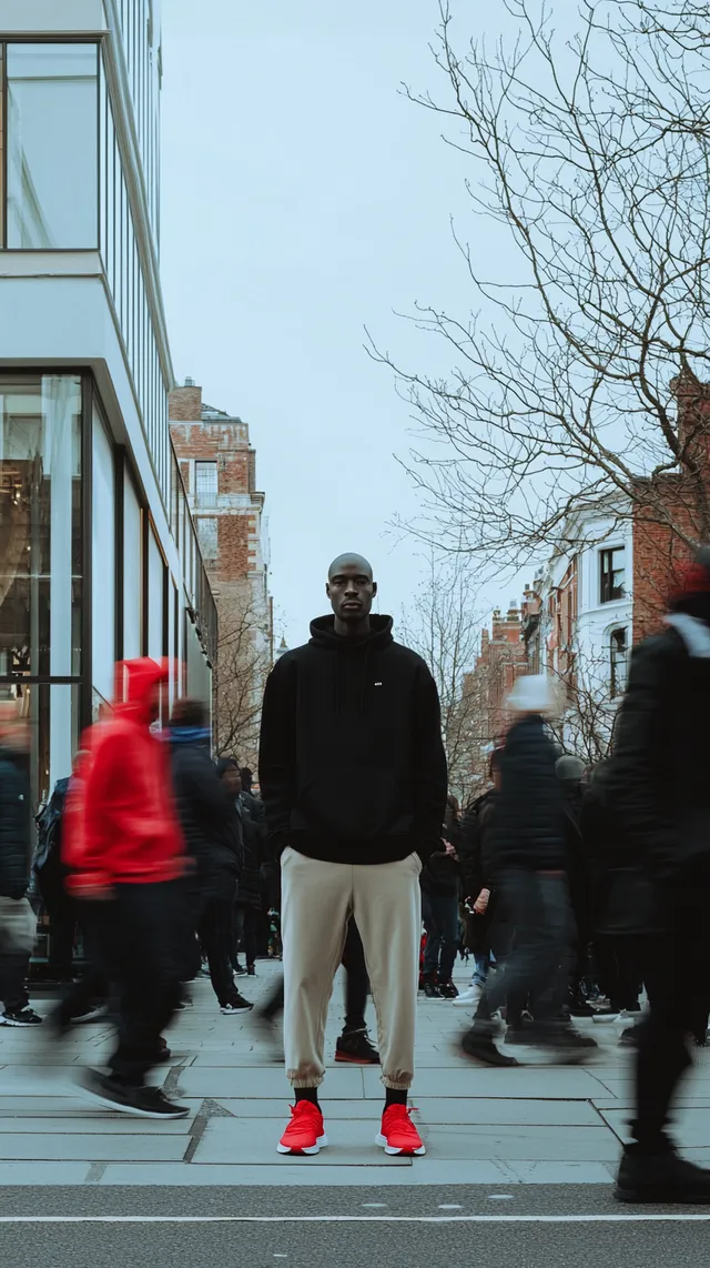 Focused male model in urban street scene amidst motion blur