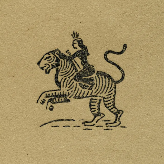 Folkloric Line Art of a Rider on a Tiger
