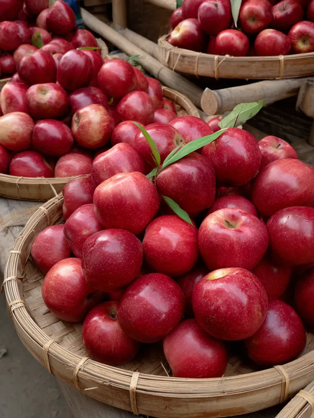 Fresh and Juicy Red Apples in Bamboo Baskets