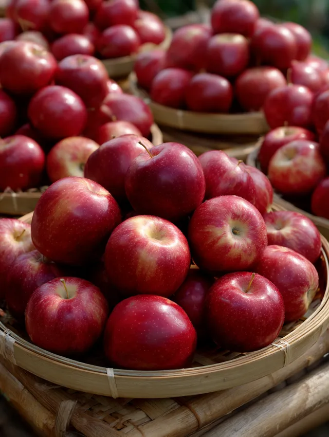 Fresh Red Apples in Bamboo Baskets