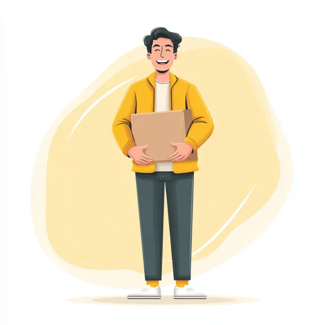 Friendly Courier with Cardboard Box in Yellow Theme