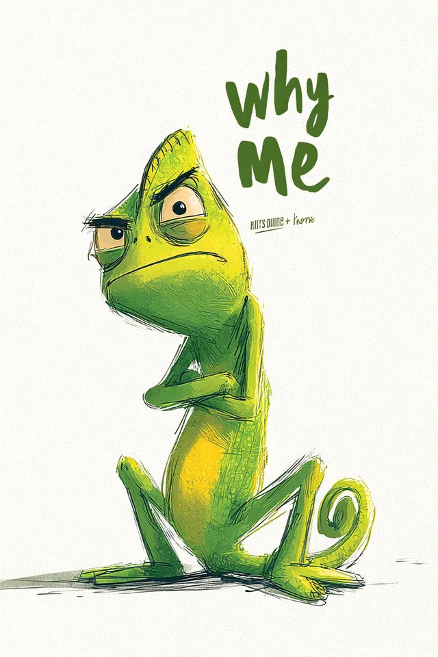 Free: Frustrated Chameleon Character with 'Why Me' Text - nohat.cc