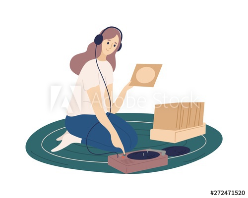 Funny girl wearing headphones putting vinyl records into turntable and listening to music