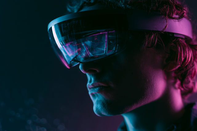 Futuristic Portrait of a Young Man in Virtual Reality Headset