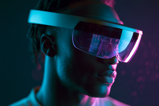 Futuristic Portrait of a Young Man in Virtual Reality Headset