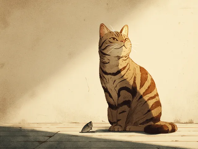 Graceful Brown Tabby Cat with Fish Treat in Sunlight
