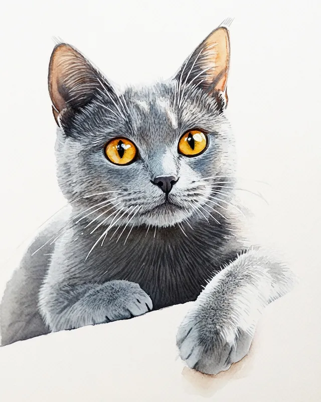 Graceful Gaze: A Watercolor Portrait of a Sleek Gray Cat