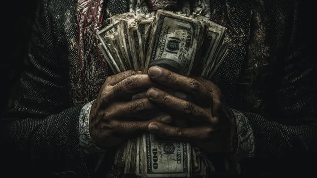 Greedy Human Holding Stacks of Money