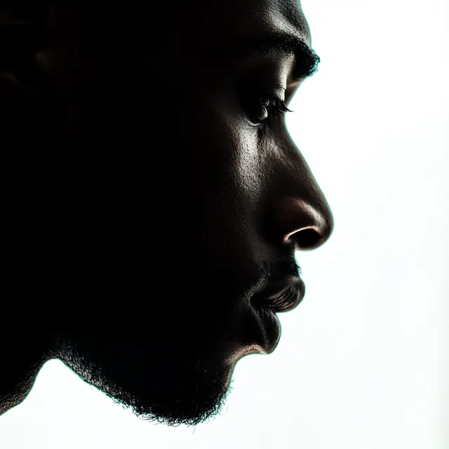 Half Silhouette of African Man with Beard, Depressed Close-Up on White Background