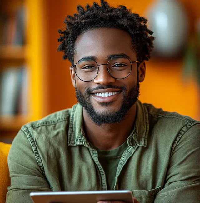 Handsome young man in green shirt with glasses using iPad in living room