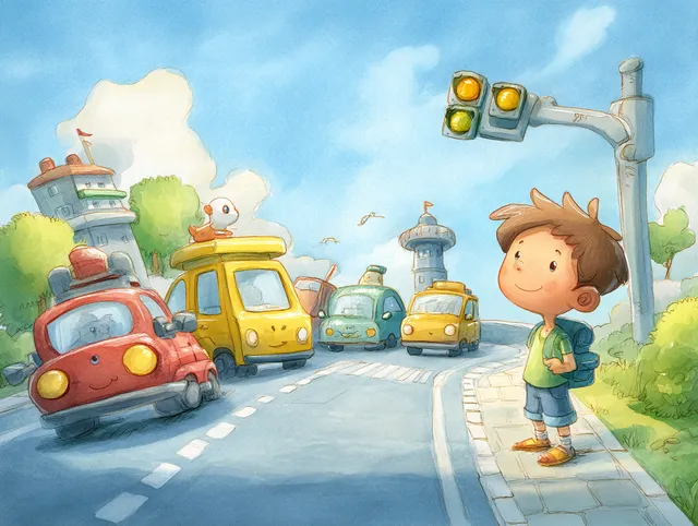Happy Child at a Colorful Crosswalk