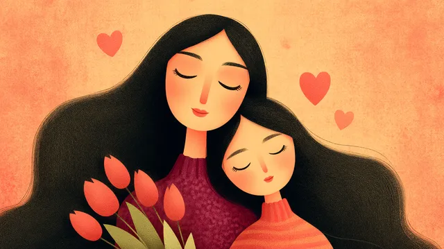 Heartwarming Mother-Daughter Embrace with Tulips