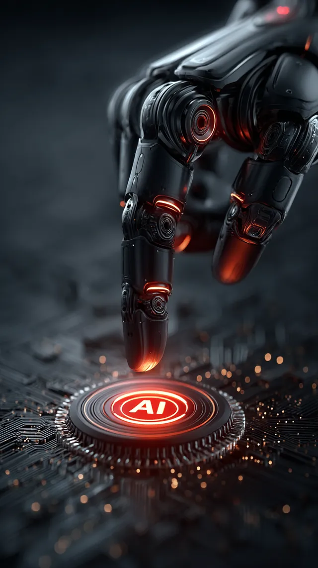 Human Finger Touching Glowing AI Symbol on Digital Interface