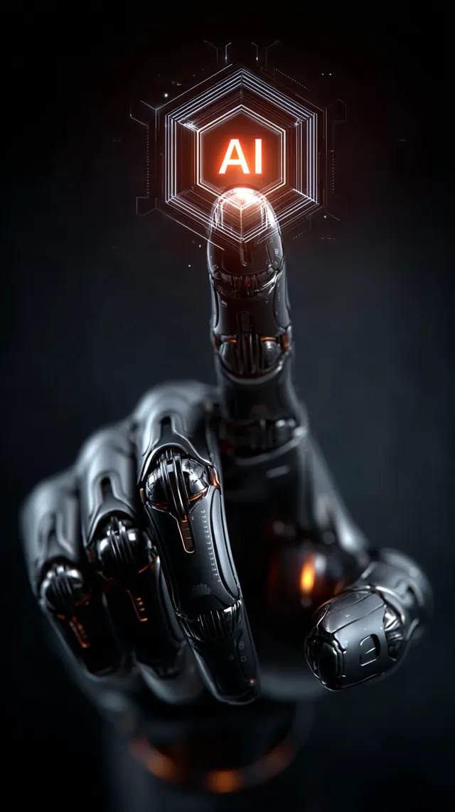 Human Finger Touching Glowing AI Symbol on Digital Interface
