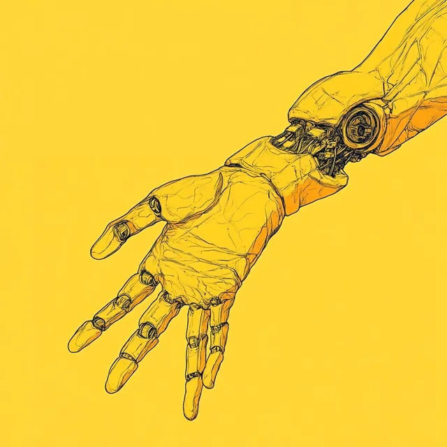 Human Hand Reaching to Yellow Robot Arm in 2D Illustration Style