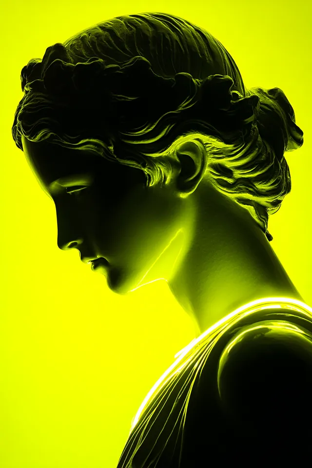 Illuminated Roman Goddess Statue on Neon Yellow Background