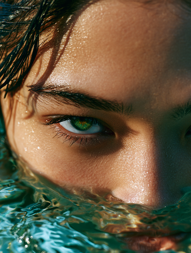 Intense Gaze: Portrait of a Young Asian Woman Emerging from Water