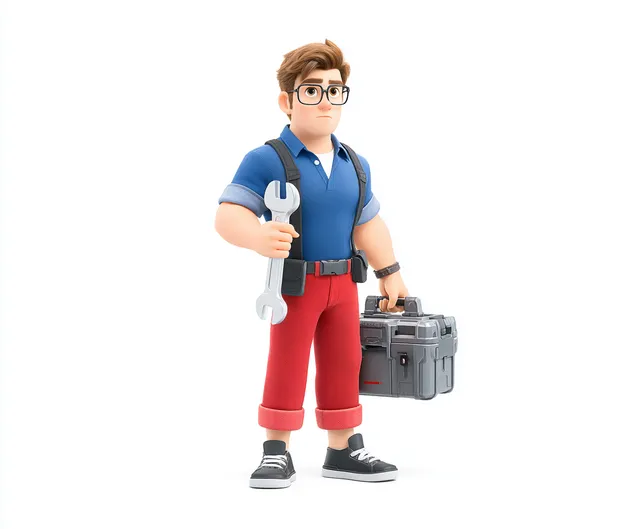 Isometric Pixar-Style Plumber Character with Wrench