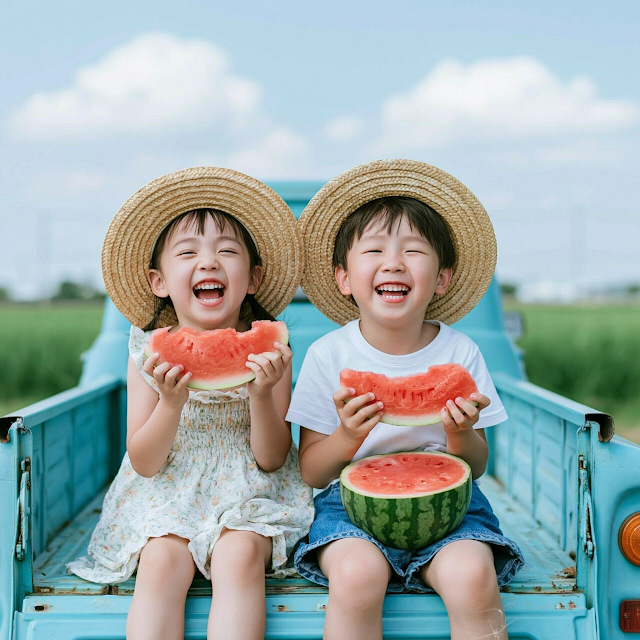 Joyful Summer Fun: Kids in Vintage Pickup Truck with Watermelon
