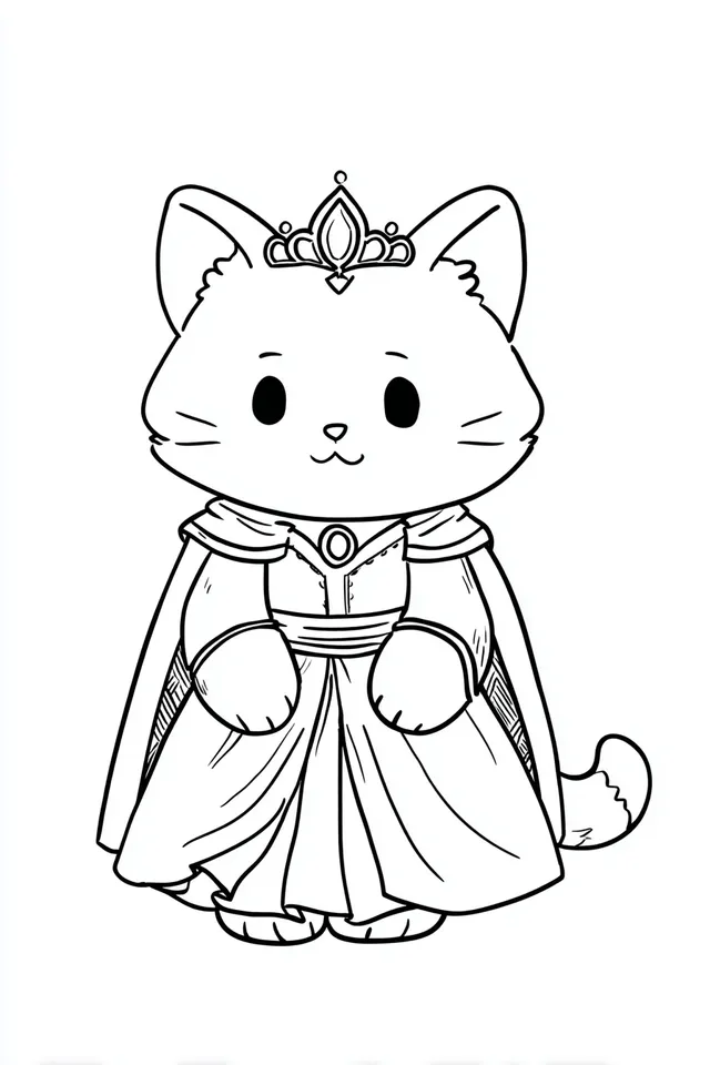 Kawaii Cat in Medieval Princess Costume Coloring Page